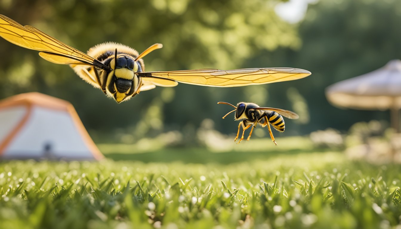 A wasp hovers near a picnic, while another is seen near a garden
