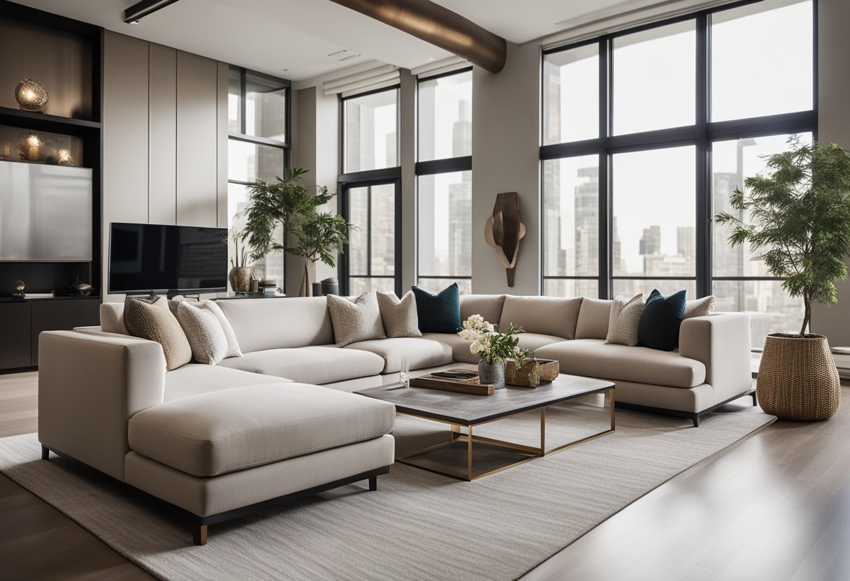 A sleek, open-concept living room with minimalist furniture, neutral color palette, and large windows for natural light. A mix of textures and metallic accents add a touch of luxury