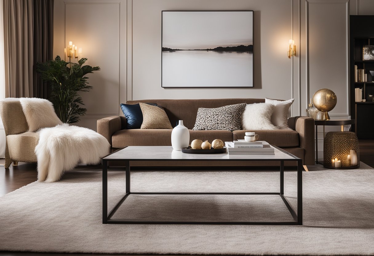 A cozy, elegant living room with a plush sofa, chic coffee table, and luxurious area rug, accented by tasteful artwork and soft lighting