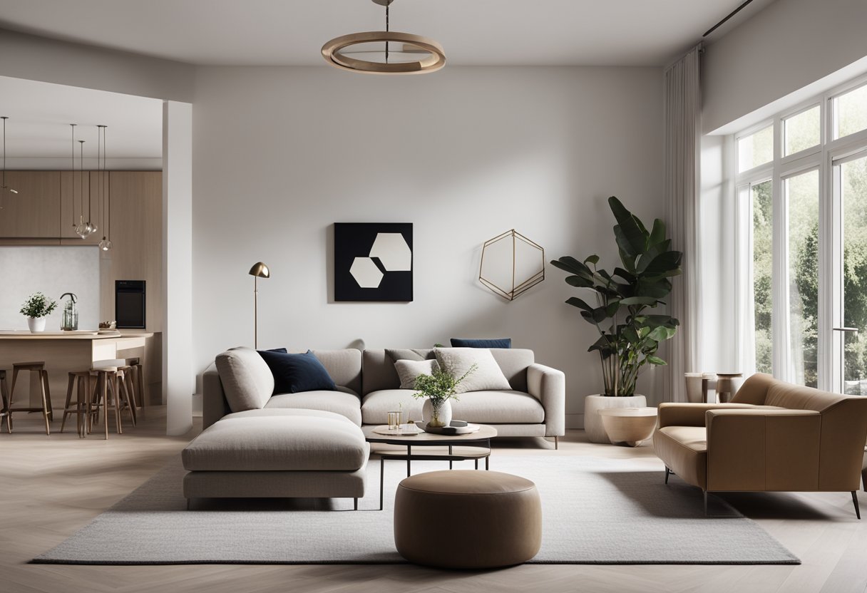 A sleek, minimalist living room with clean lines, neutral colors, and plenty of natural light. A large, comfortable sofa sits in the center, surrounded by modern furniture and decor