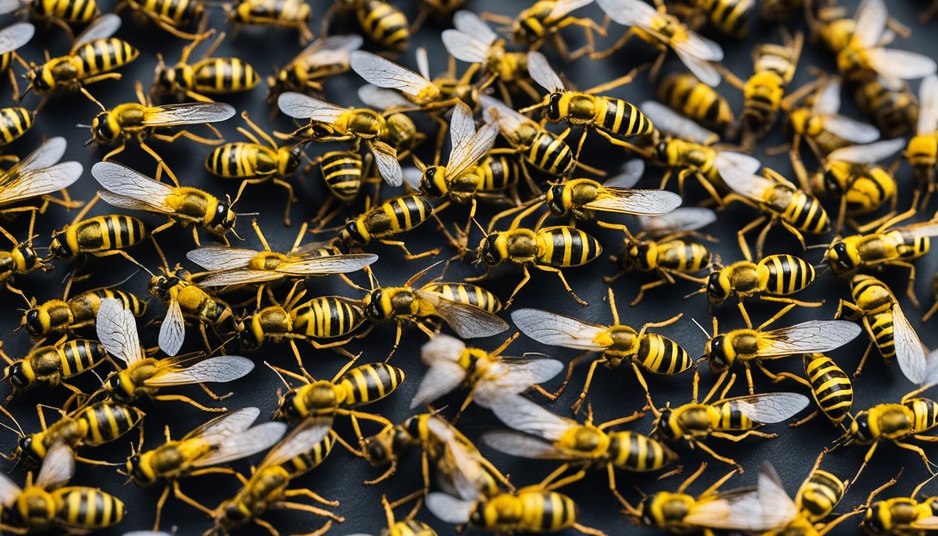 A swarm of wasps hovers around a picnic table in an Irish garden. Their black and yellow bodies dart in and out, creating a sense of urgency and danger