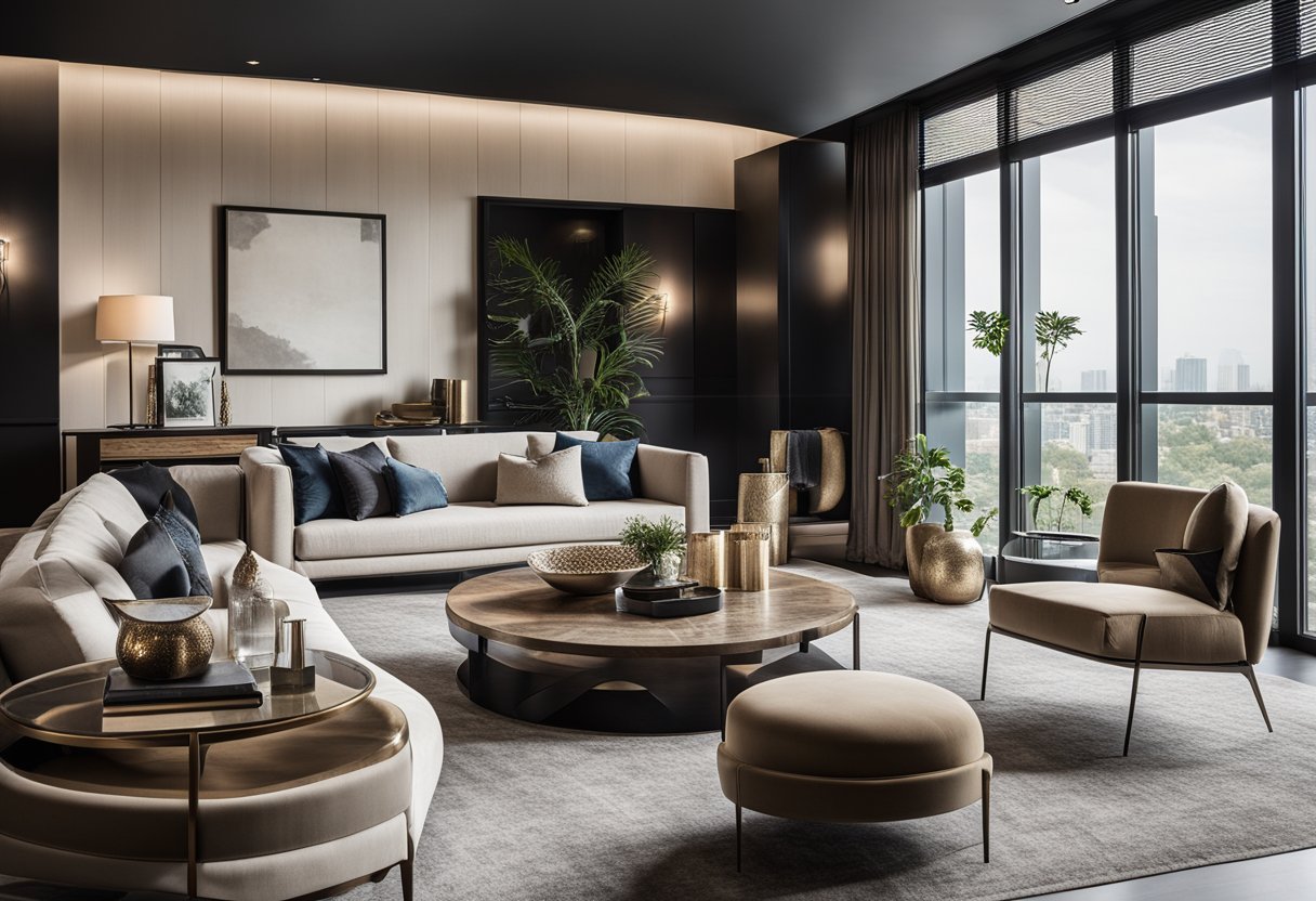A luxurious living room with modern furniture, elegant decor, and ample natural light. Rich textures and bold accents create a sophisticated and inviting atmosphere