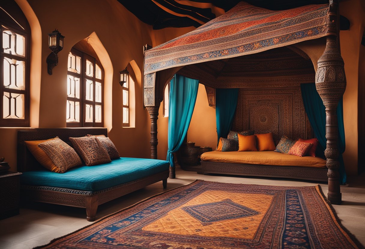 A colorful Moroccan rug lays on the floor, complemented by patterned pillows and a canopy bed with intricate carvings. Lanterns and tapestries add to the exotic ambiance