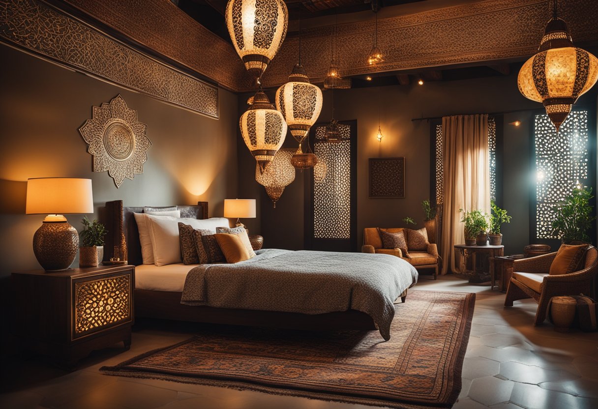 A cozy bedroom with vibrant Moroccan patterns, hanging lanterns, and ornate furniture, creating a warm and inviting ambience
