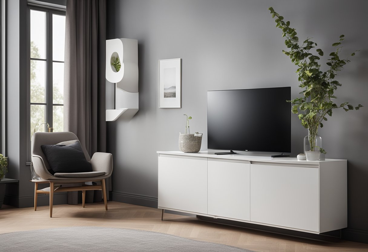 A sleek, modern corner cabinet sits against the wall, maximizing space with its stylish storage solutions. The clean lines and minimalist design add a touch of elegance to the living room
