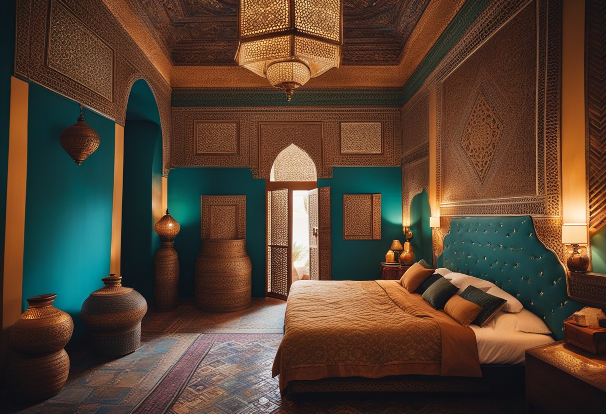 A Moroccan themed bedroom with vibrant colors, intricate patterns, and ornate furniture. Rich textiles, mosaic tiles, and lanterns add to the exotic ambiance