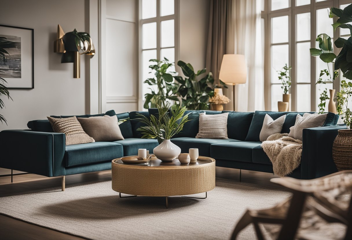 A cozy living room corner with a stylish cabinet, adorned with decorative elements like vases, plants, and framed artwork
