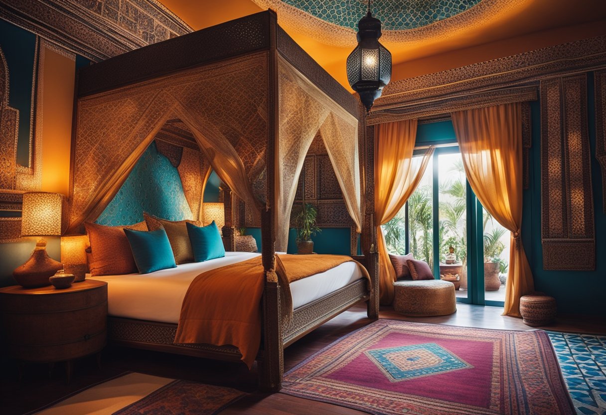 A cozy Moroccan-themed bedroom with vibrant colors, intricate patterns, and ornate furniture. A canopy bed with flowing curtains, mosaic tiles, and lanterns add to the exotic atmosphere