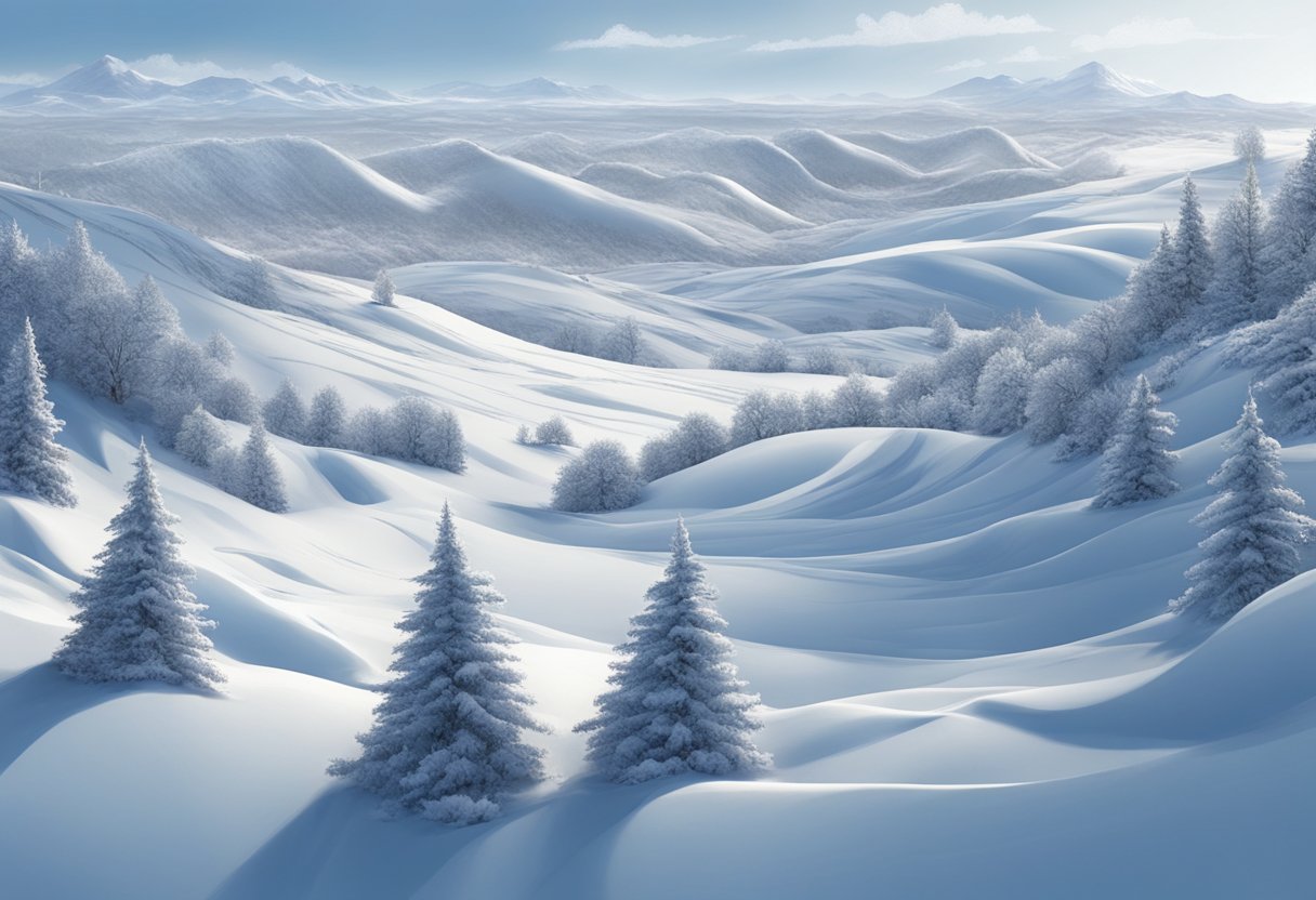 Snow-covered landscape with varying depths of snow, wind-sculpted drifts, and icy patches. Trees and structures show accumulation patterns
