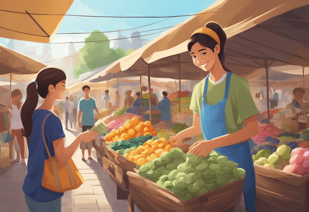 A teenager selling handmade crafts at a local market, receiving money from customers with a smile on their face