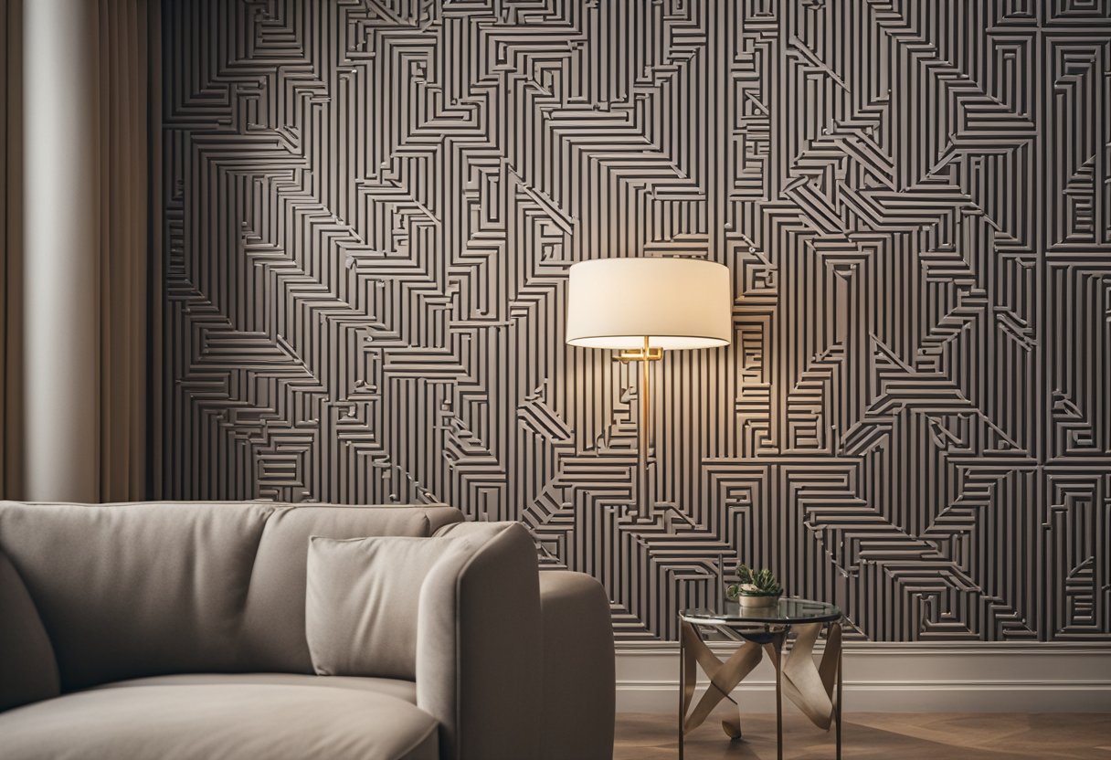 In the living room, intricate geometric patterns adorn the corner walls, creating a visually captivating and modern design