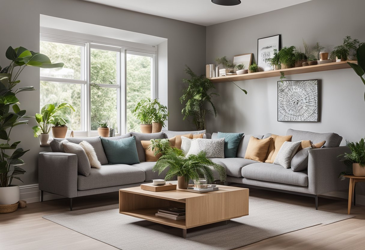 A cozy living room with stylish corner wall designs, featuring shelves, plants, and artwork, creating a welcoming and functional space