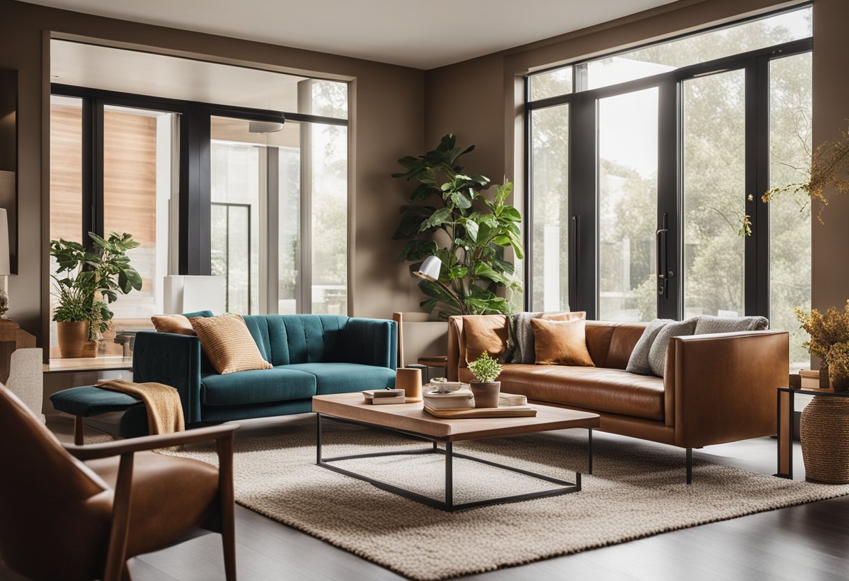 A cozy living room with modern furniture, warm earthy tones, and pops of vibrant colors. A large window lets in natural light, illuminating the stylish decor