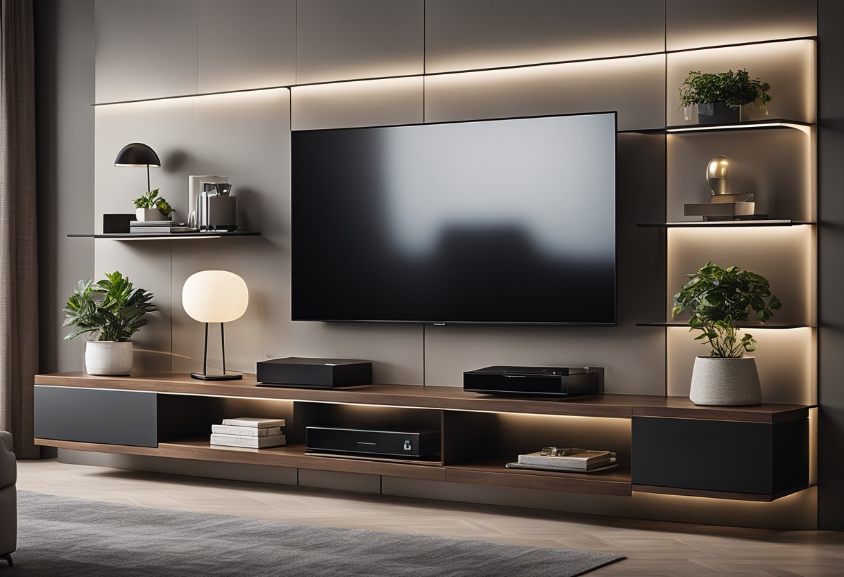 A sleek, modern wall unit with clean lines and integrated storage, accented by subtle lighting and minimalist decor, exudes functional elegance in a contemporary living room design