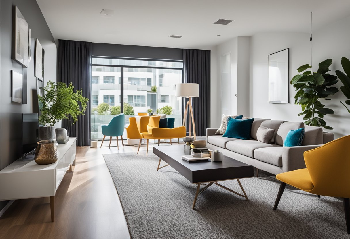 A modern, open-concept space with sleek furniture and vibrant pops of color. Clean lines and geometric patterns create a sense of harmony and balance