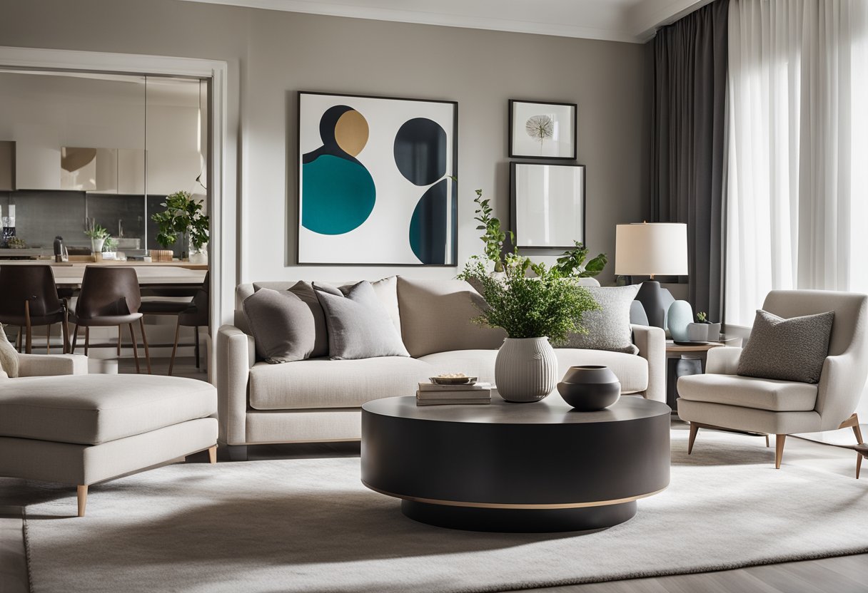 A modern, elegant living room with sleek furniture, a neutral color palette, and pops of vibrant accents. Clean lines, natural light, and a sense of spaciousness create a welcoming and sophisticated atmosphere