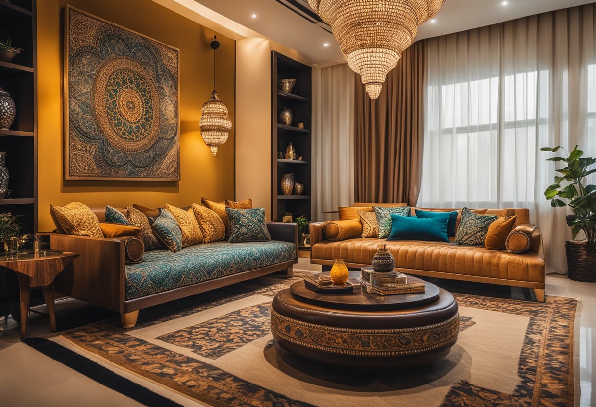 A cozy living room with diwan designs, featuring vibrant colors and intricate patterns, surrounded by plush cushions and low tables