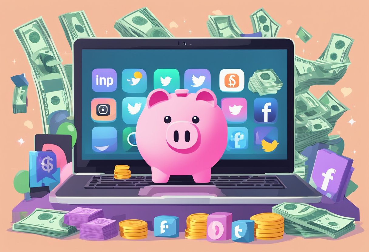 A laptop displaying social media icons and a video platform, surrounded by stacks of cash and a piggy bank, with a "18+" sign crossed out