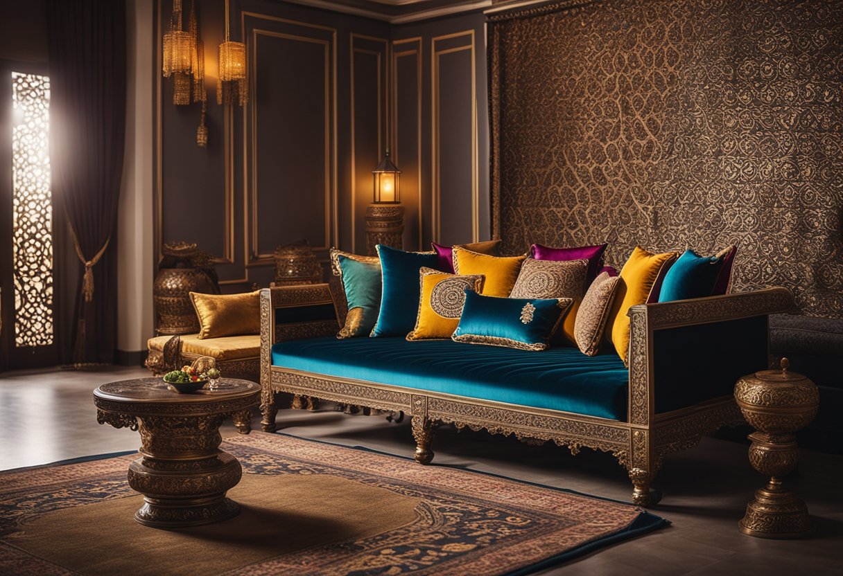A cozy living room with a traditional diwan, adorned with intricate designs and made of rich, luxurious materials like velvet and silk. The diwan is surrounded by colorful throw pillows, adding a touch of comfort and elegance to the space