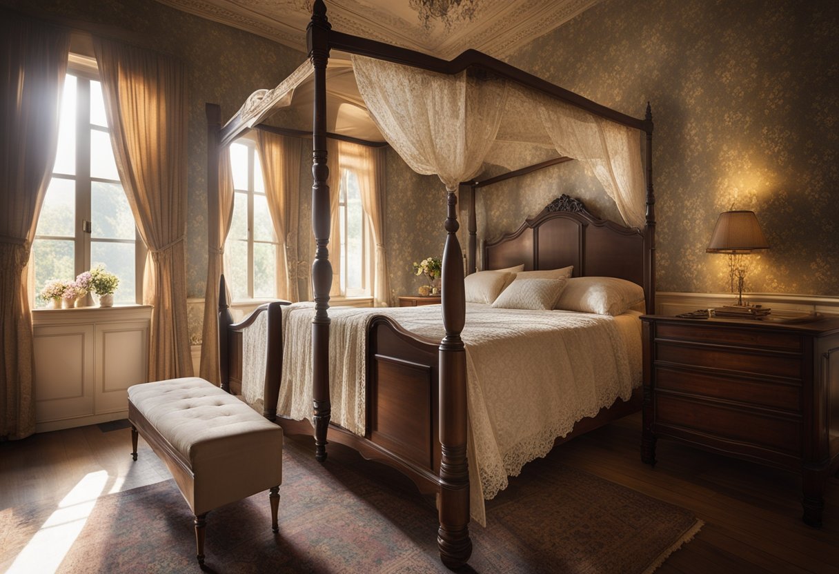 The old bedroom features a vintage four-poster bed, antique dresser, and faded floral wallpaper. Sunlight streams through lace curtains, casting soft shadows on the worn hardwood floor