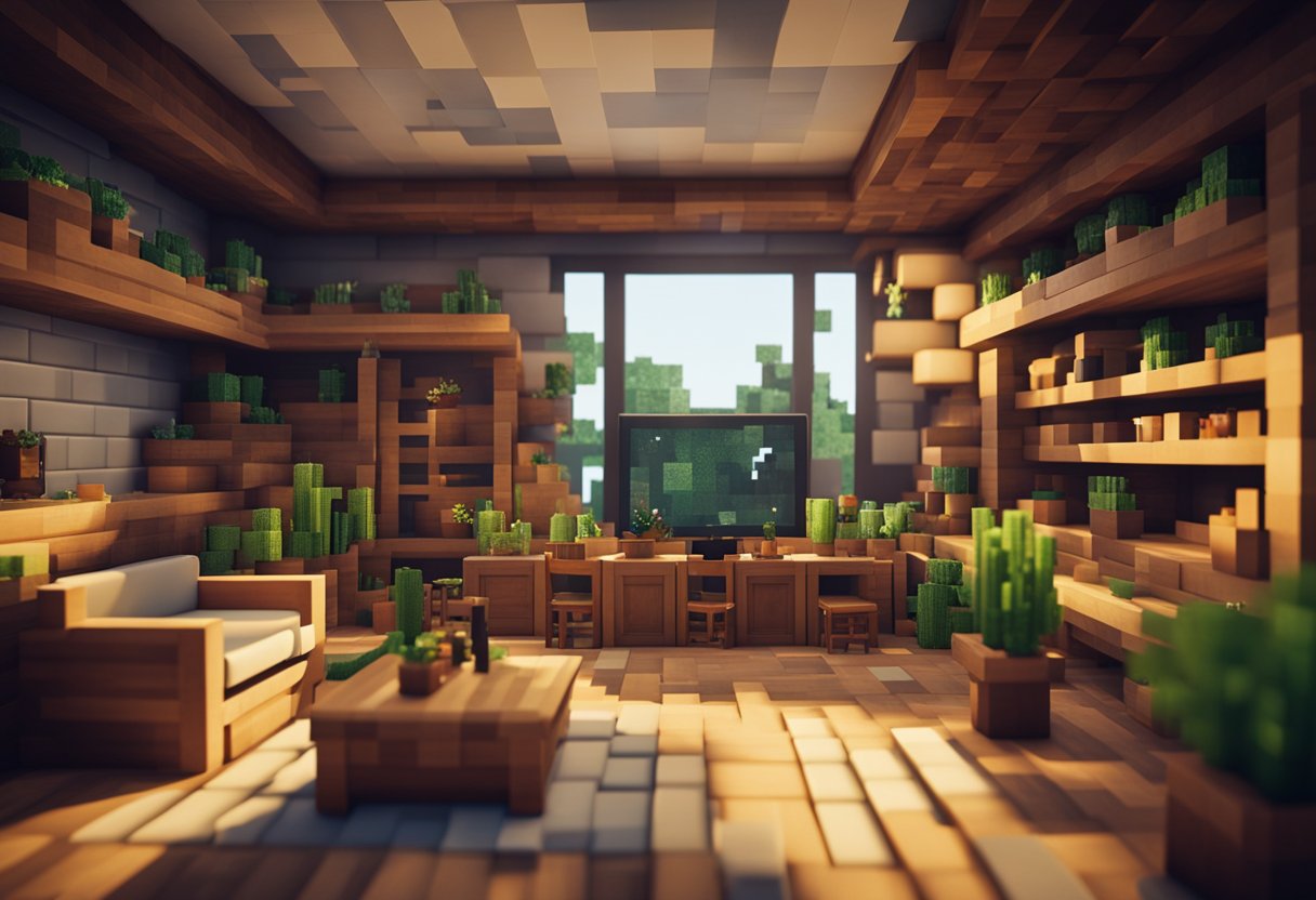A cozy Minecraft house interior with a fireplace, bookshelves, and a large wooden table surrounded by chairs. The walls are adorned with paintings and there are potted plants scattered throughout the room
