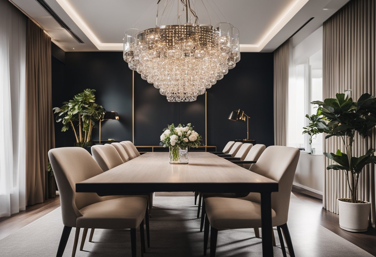 A modern living room with a sleek dining table, surrounded by stylish chairs and a statement chandelier overhead