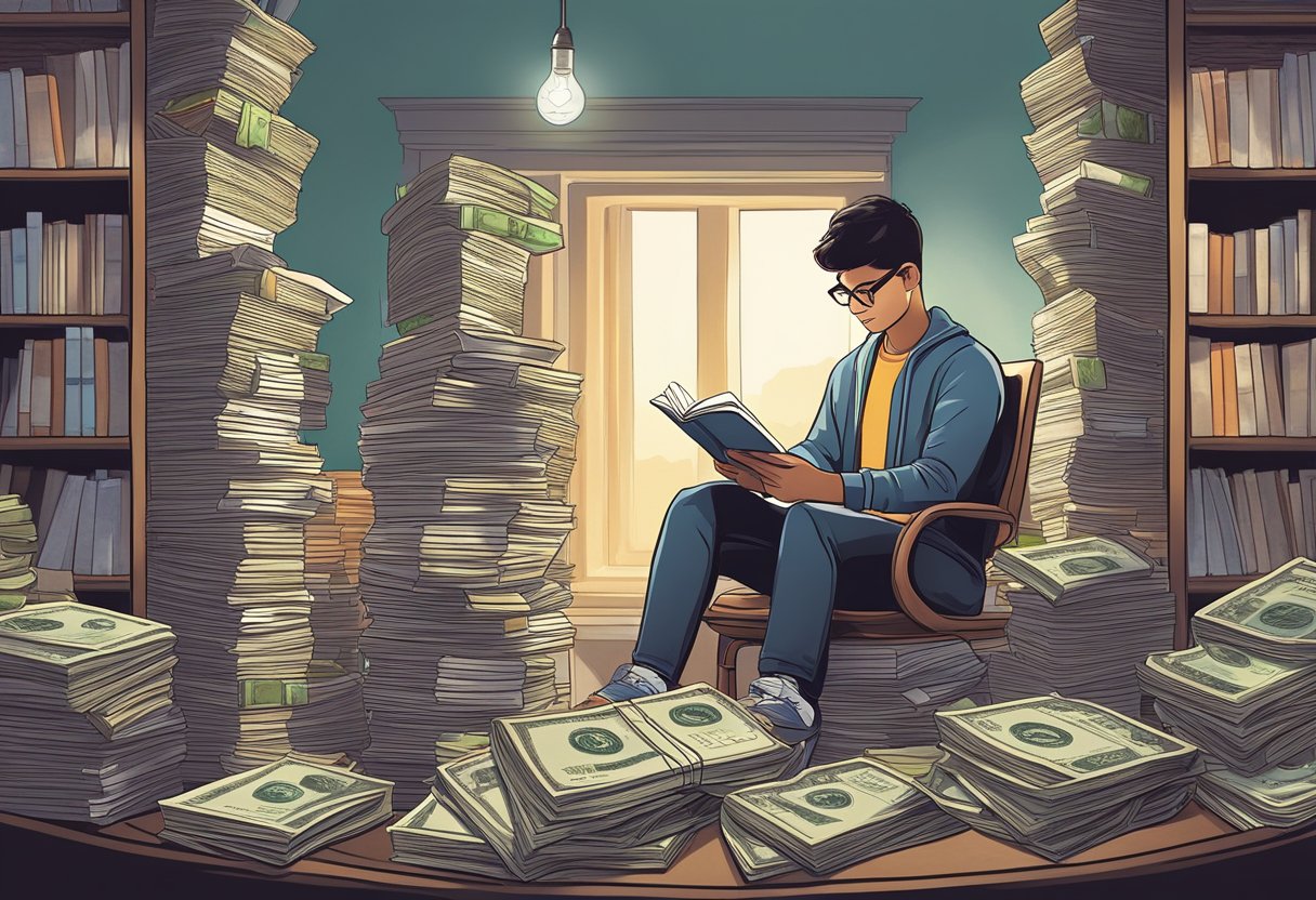 A young person reading a book on finances and legalities, surrounded by stacks of money and legal documents. A lightbulb overhead symbolizes understanding and empowerment