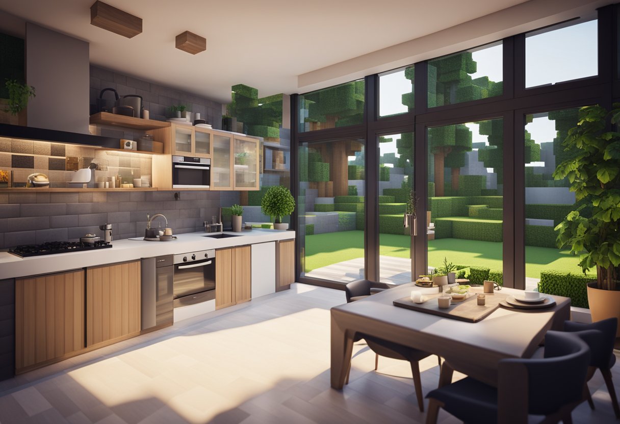 A cozy Minecraft house with a spacious living room, modern furniture, and large windows overlooking a lush garden. The kitchen features sleek countertops and state-of-the-art appliances. The bedroom is adorned with a comfortable bed and stylish decor