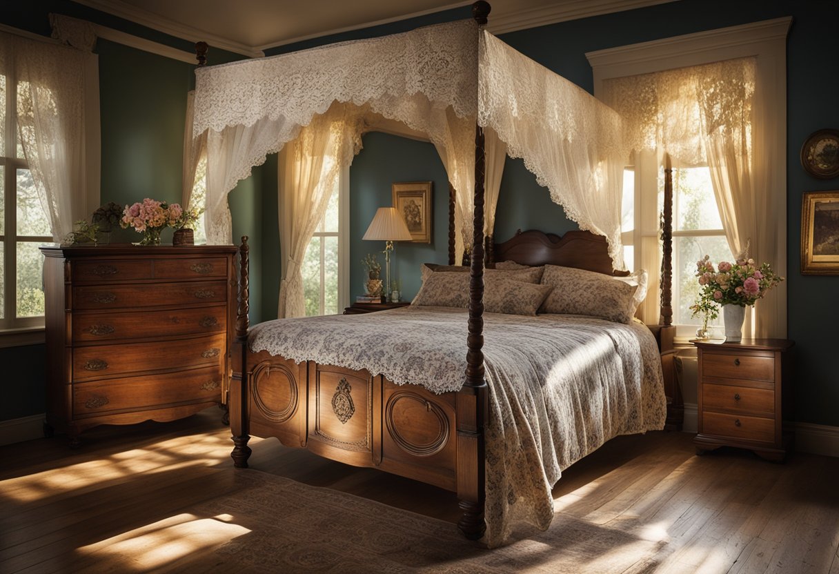 A vintage bedroom with a four-poster bed, lace curtains, antique dresser, and a floral-patterned quilt. Sunlight streams through the window, casting shadows on the hardwood floor