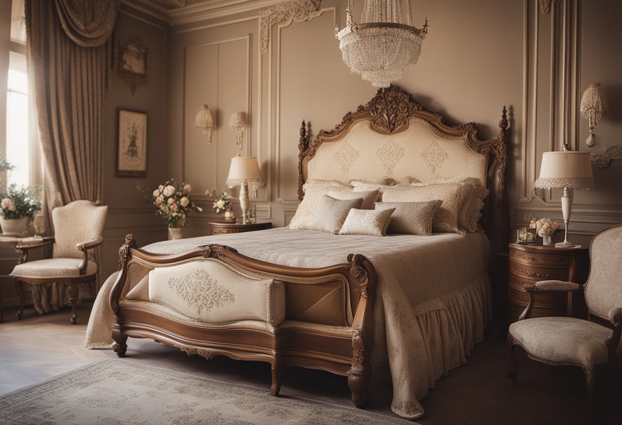 An old bedroom with vintage furniture in muted tones of brown and cream, accented with floral patterns and lace details