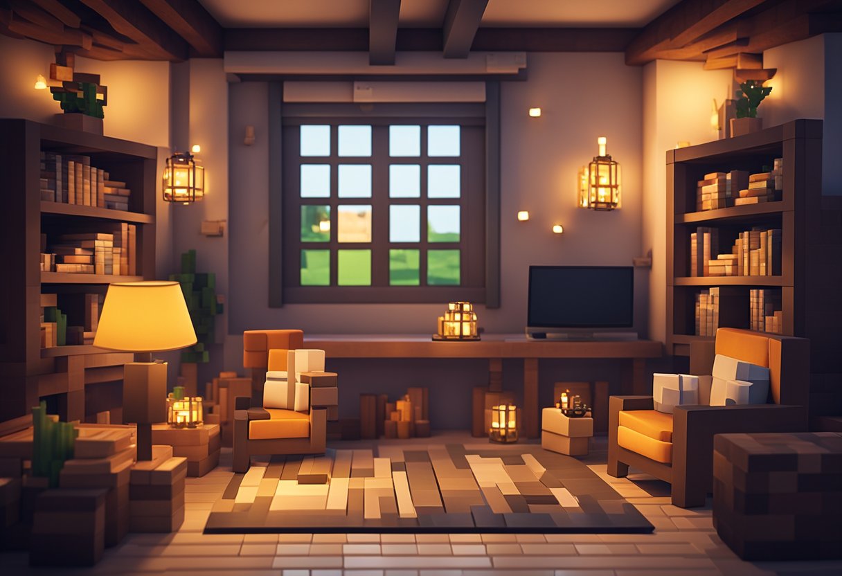 A cozy Minecraft house interior with warm lighting, a fireplace, bookshelves, and a crafting table. Inspirational posters adorn the walls, and a cozy reading nook invites creativity and sharing of design ideas