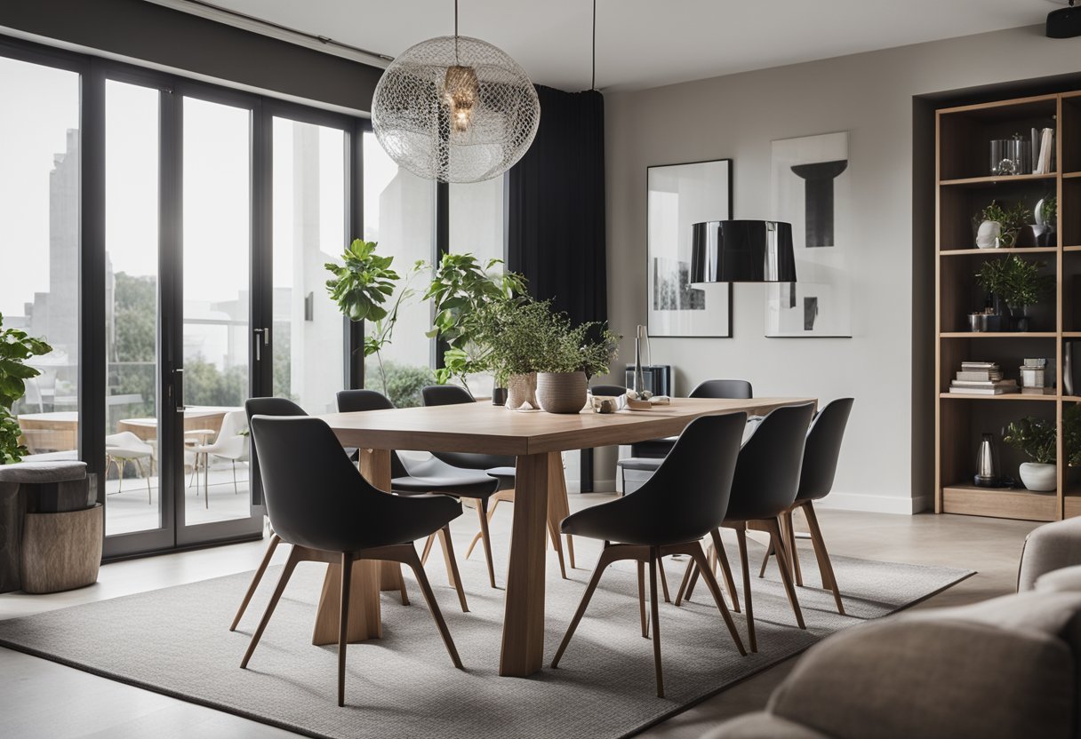 A spacious living room with a modern dining table, surrounded by stylish chairs. The table is positioned in the center, creating a focal point for the room