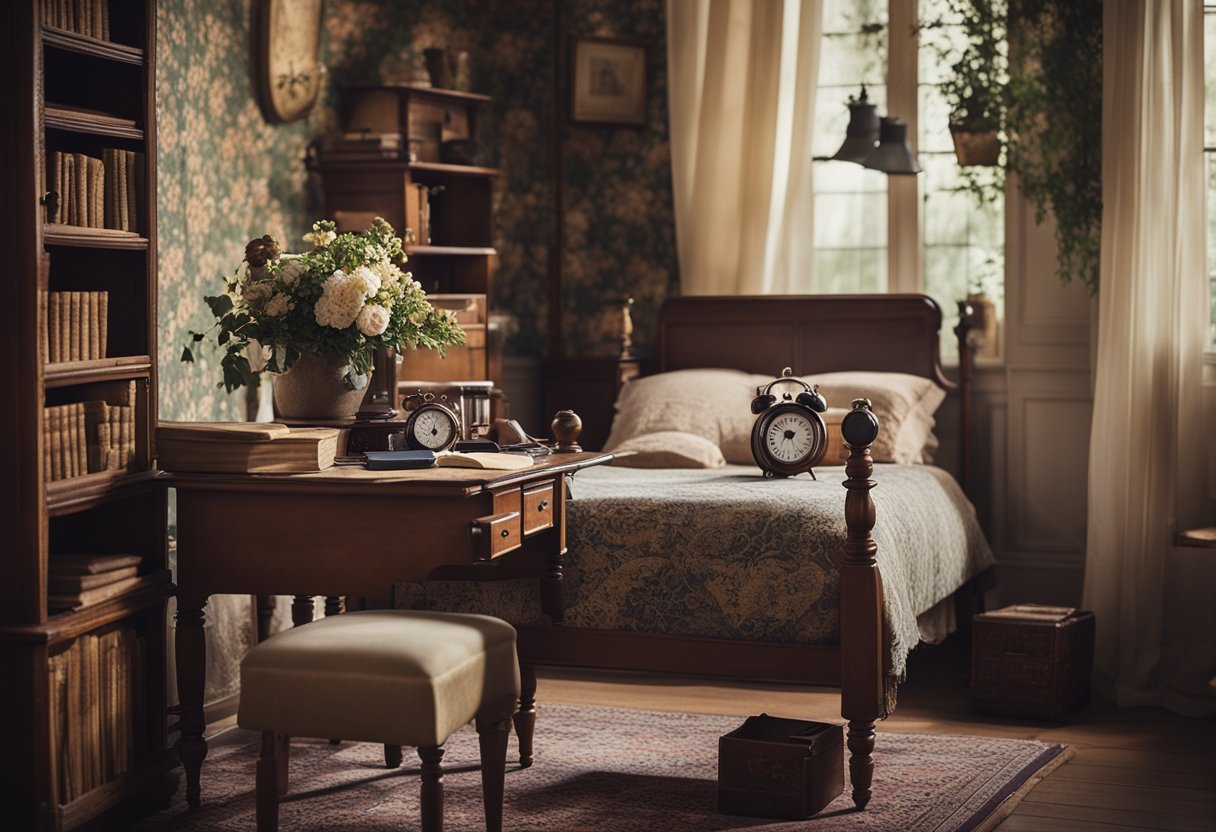 A cozy, vintage bedroom with floral wallpaper, antique furniture, and a worn-out rug. A bookshelf filled with old books, a vintage alarm clock, and a small writing desk complete the scene