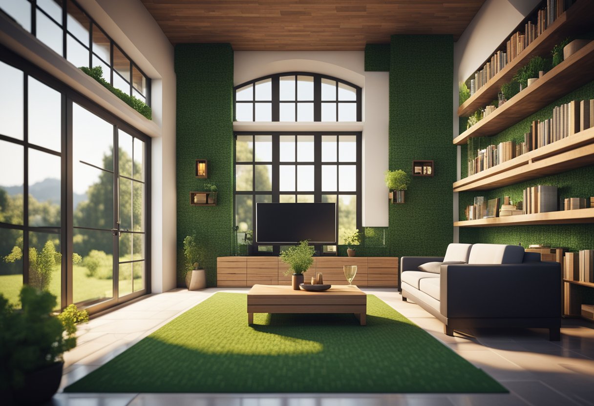 A cozy Minecraft house interior with modern furniture, a fireplace, bookshelves, and large windows overlooking a lush green landscape