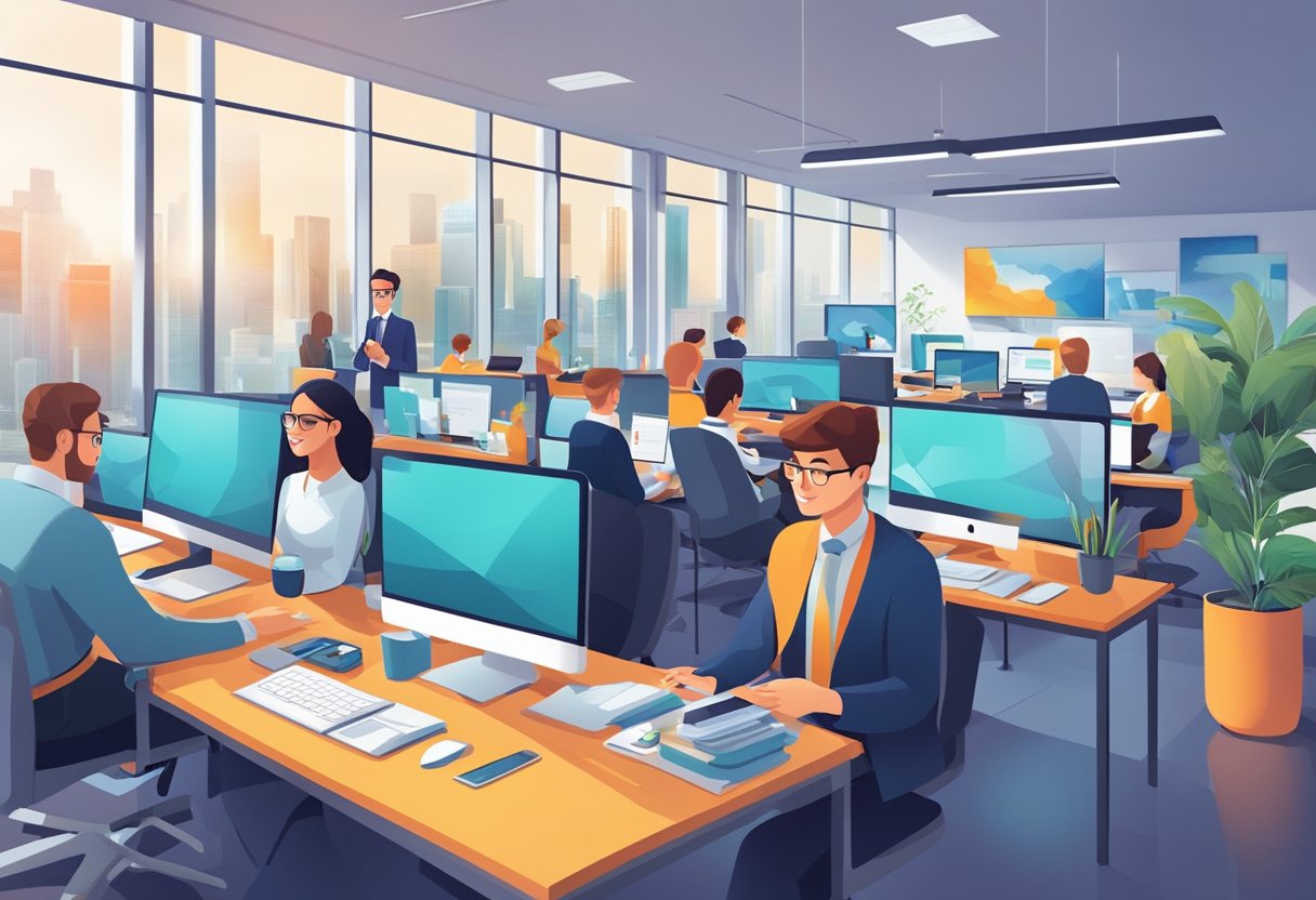 A bustling office environment with modern technology and professional attire. Teenagers engaged in various tasks such as data analysis, customer service, and content creation. Bright and vibrant surroundings with a sense of productivity and success