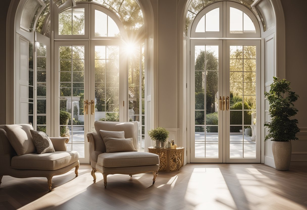 A spacious living room with elegant French doors leading to a sunlit garden. Classic design with ornate glass panels and decorative handles