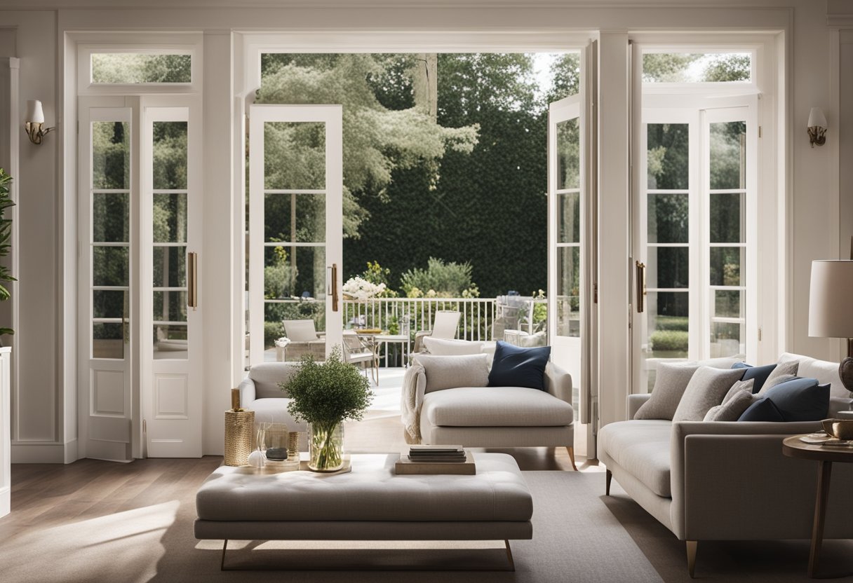 A spacious living room with natural light streaming in through elegant French doors, showcasing various styles and materials