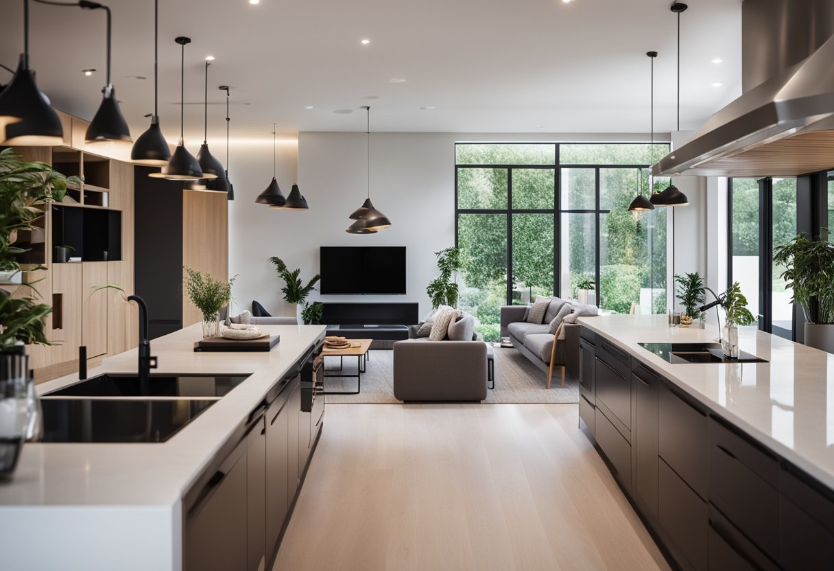 A spacious open plan kitchen and living area with modern furniture, natural light, and a seamless flow between the cooking, dining, and relaxation spaces