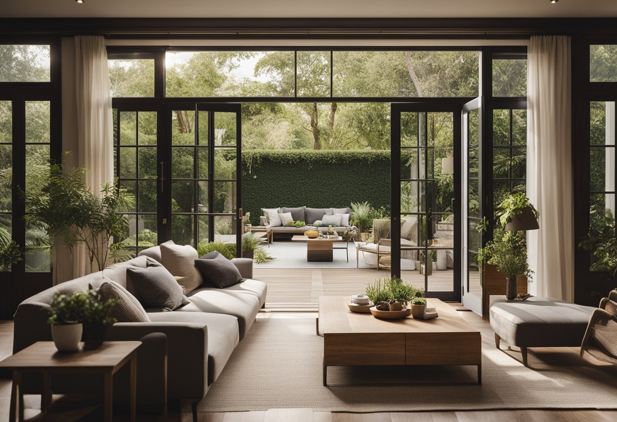 A cozy living room with French doors opening onto a lush garden, streaming in natural light and creating a seamless indoor-outdoor connection