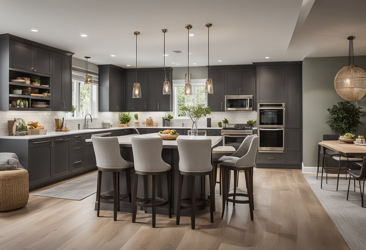 An open kitchen, dining room, and living room blend seamlessly with cohesive design elements and a unified color palette