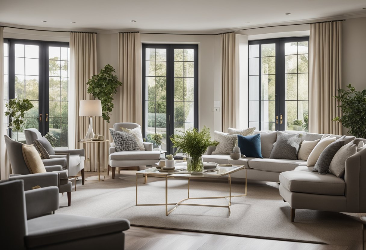 A spacious living room with elegant French doors, allowing natural light to illuminate the room. Comfortable furniture and decorative accents create a welcoming atmosphere