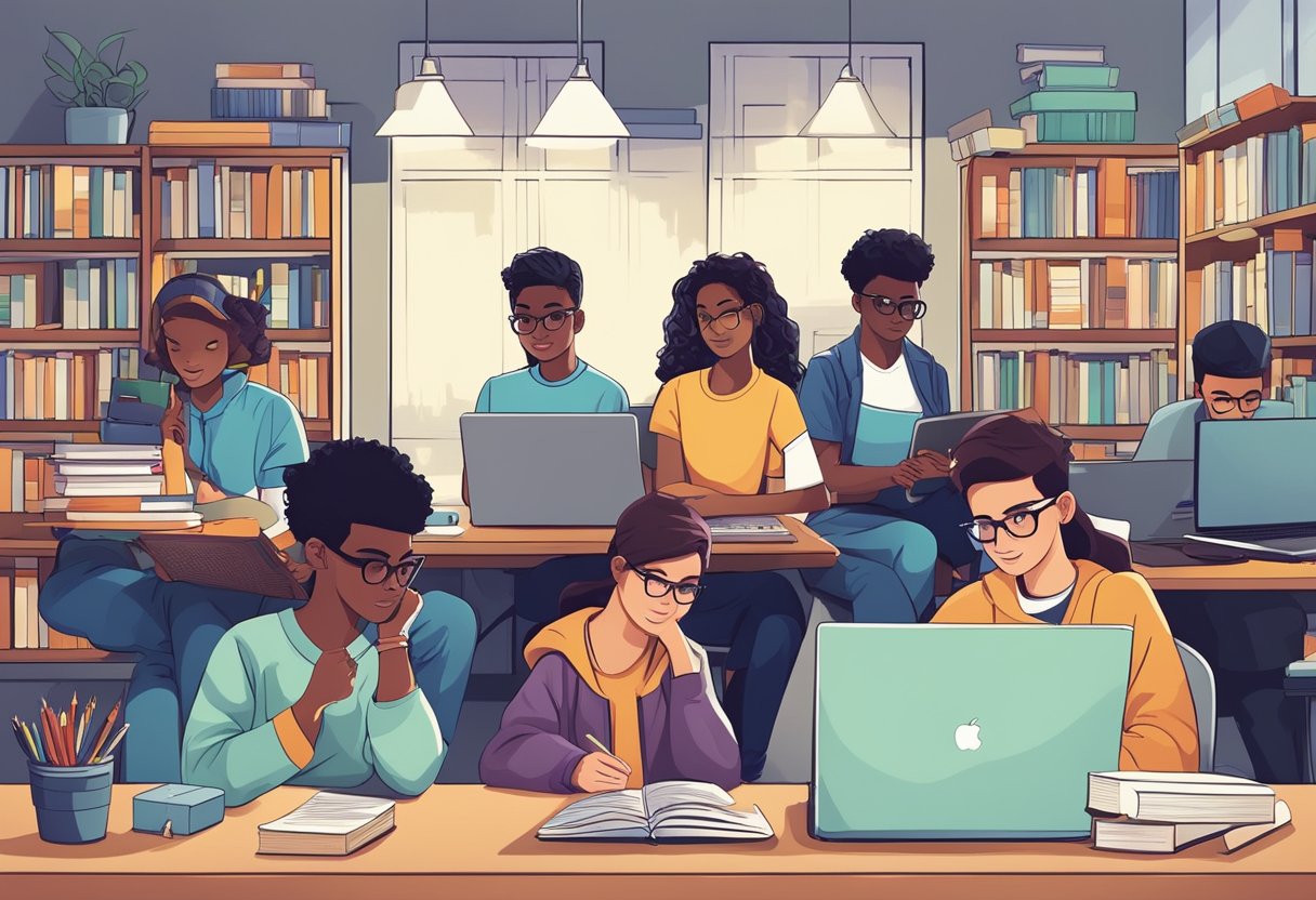 A group of teenagers are engaged in various high-paying jobs like coding, tutoring, and social media management. They are focused and determined, surrounded by books, computers, and creative tools