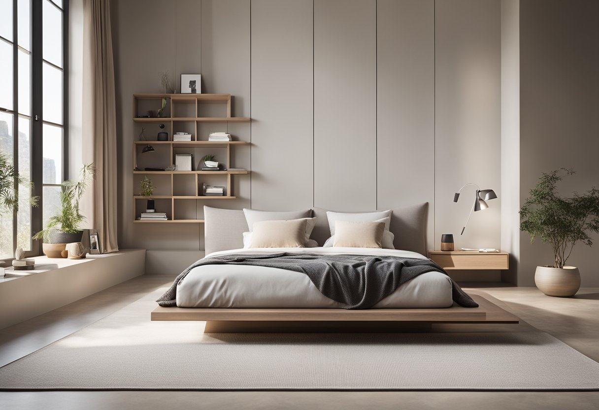 A sleek, minimalist bedroom with a platform bed, floating shelves, and a geometric rug. A large window lets in natural light, while a neutral color palette creates a sense of calm and tranquility