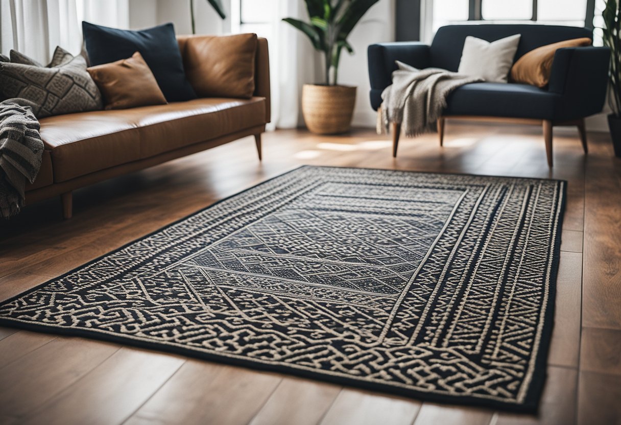 A geometric patterned rug lies on the hardwood floor, surrounded by cozy furniture and decorative accents