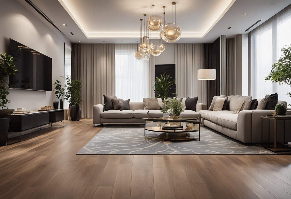 A spacious living room with hardwood flooring and a large area rug. The floor is adorned with elegant tiles and polished finishes, creating a warm and inviting atmosphere