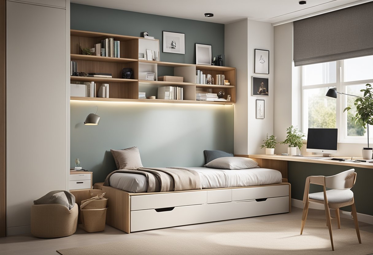 A small bedroom with a minimalist bed, wall-mounted shelves, and a foldable desk to maximize space. The room is bright with natural light and features a neutral color palette
