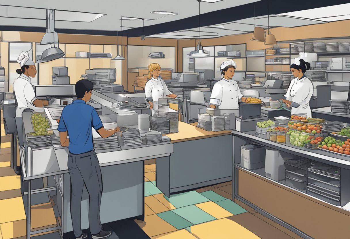 A bustling restaurant kitchen with chefs and waitstaff working efficiently. A teenager operates a cash register at a busy retail store. An office setting with a young intern managing administrative tasks