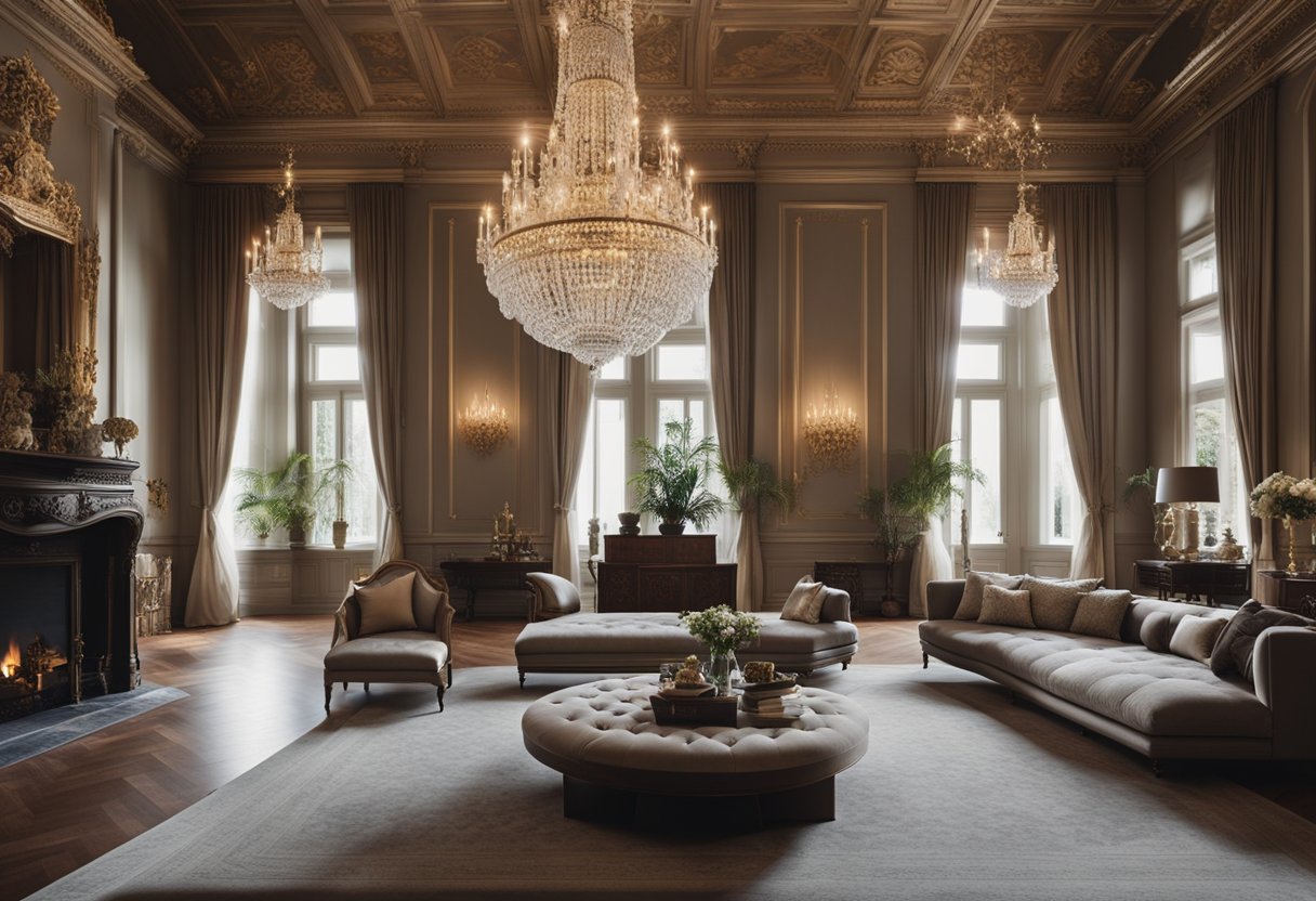 A grand living room with high ceilings, ornate chandeliers, and luxurious furniture arranged around a central fireplace. Large windows let in plenty of natural light, and the room is adorned with intricate moldings and elegant decor