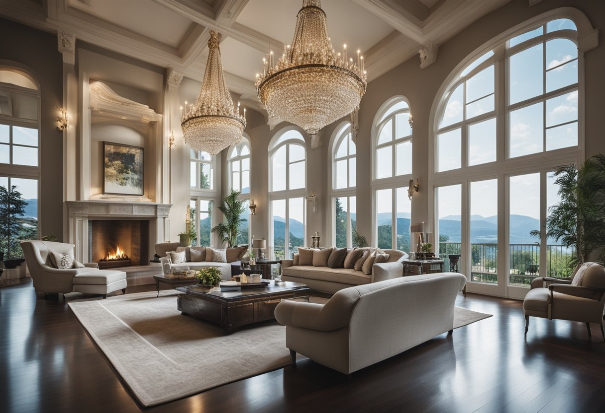 A grand living room with high ceilings, ornate chandeliers, luxurious furniture, and large windows overlooking a scenic view