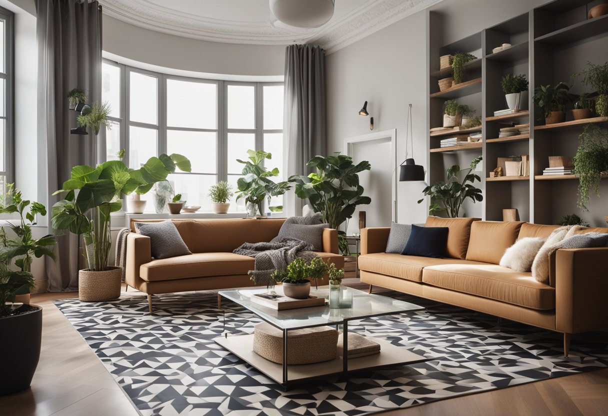 A cozy living room with a modern, geometric patterned floor. A comfortable sofa and coffee table are positioned in the center, with a bookshelf and potted plants in the background